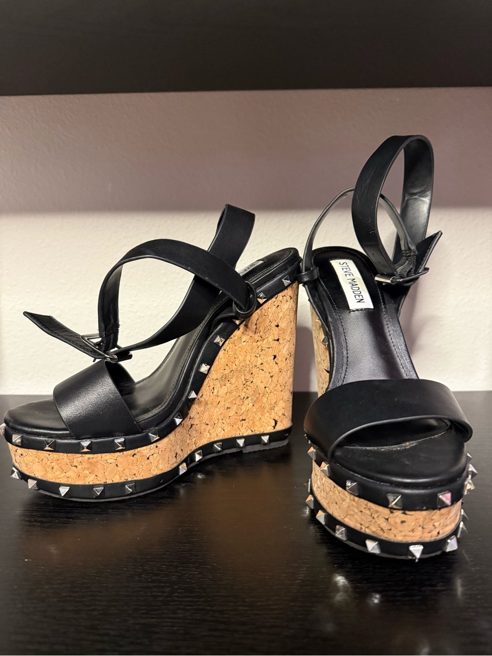 Steve Madden Behati Studded Cork Platform Wedge Sandals Black Leather | Size 6.5